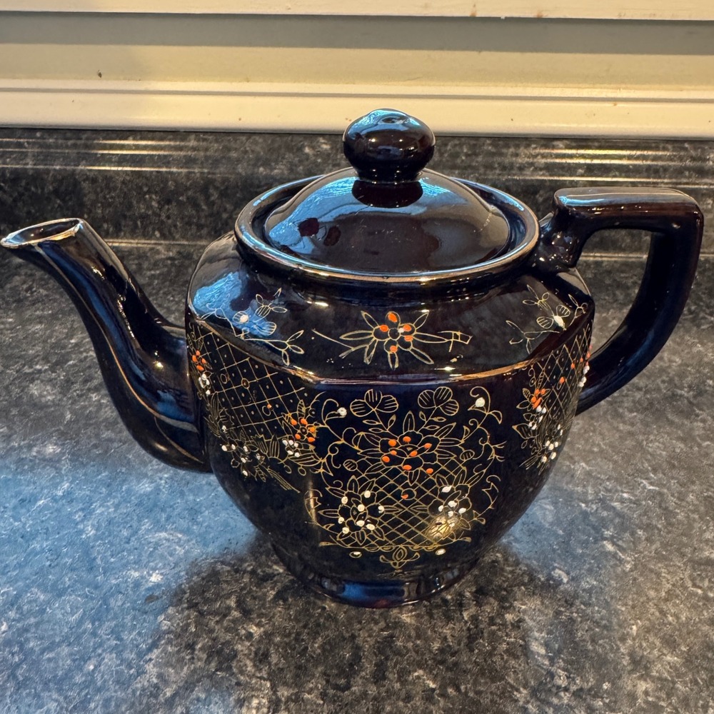 Vintage Moriage Brown Glazed Teapot w Lid with Embossed Flower Design